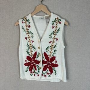 Vintage Kathie Lee Womens Knit Sweater Vest Size M Embroidered Beaded Christmas